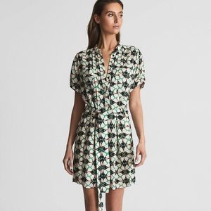 🔥REISS Nikki Geometric Print Green Mini Dress Size 2. (US) / S